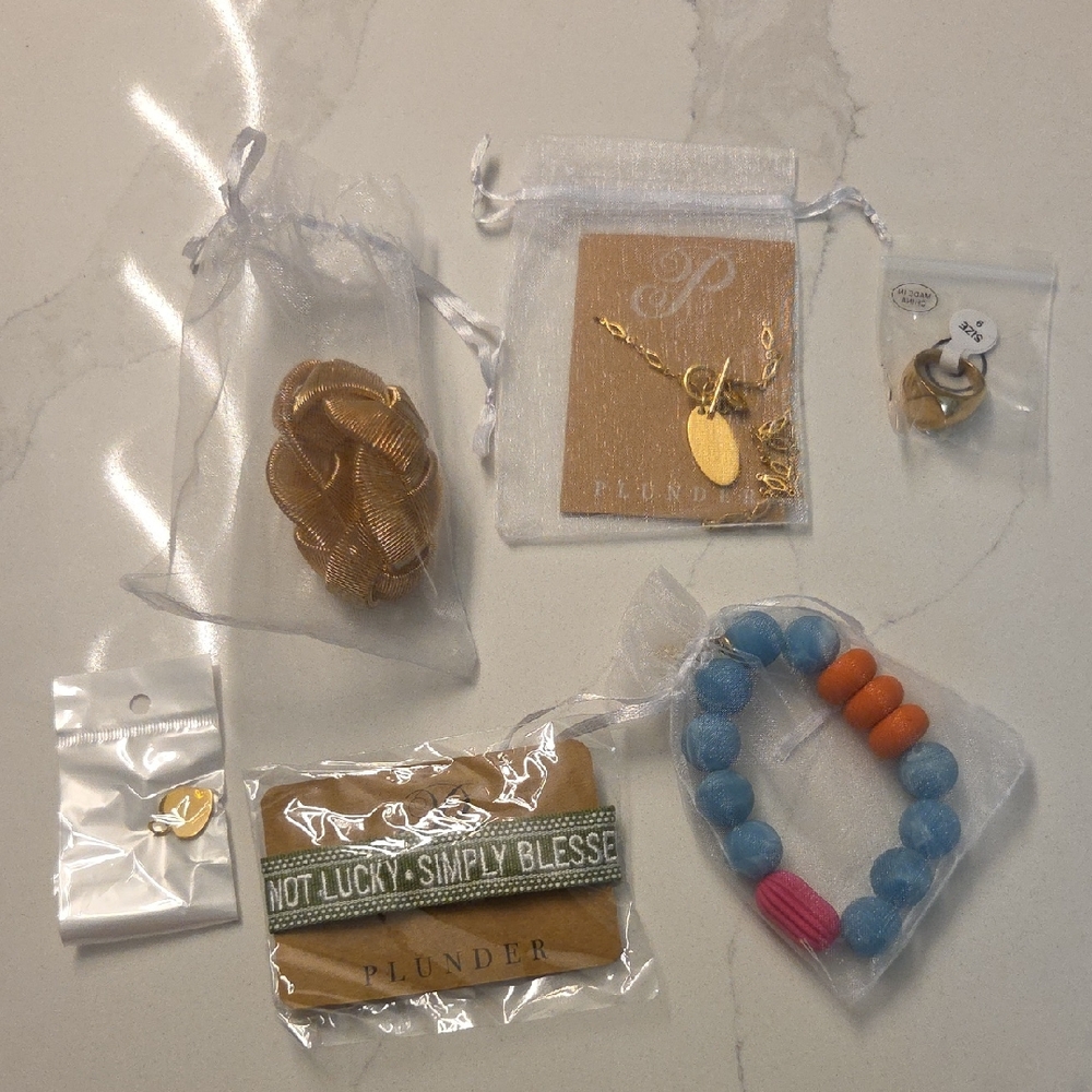 6 Items Plunder Gold Tone Charm Necklace with Blue and Orange Beaded‎ Bracelet